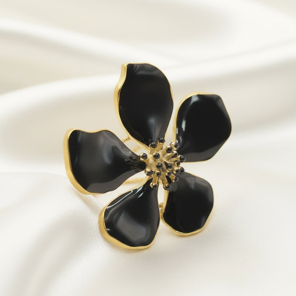 Bague Fleur Noir en acier inoxydable