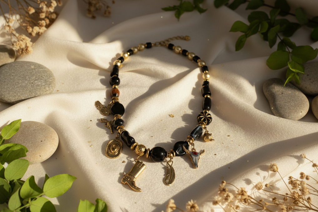 Collier Tracy signé MILE MILA noir et or en acier inoxydable