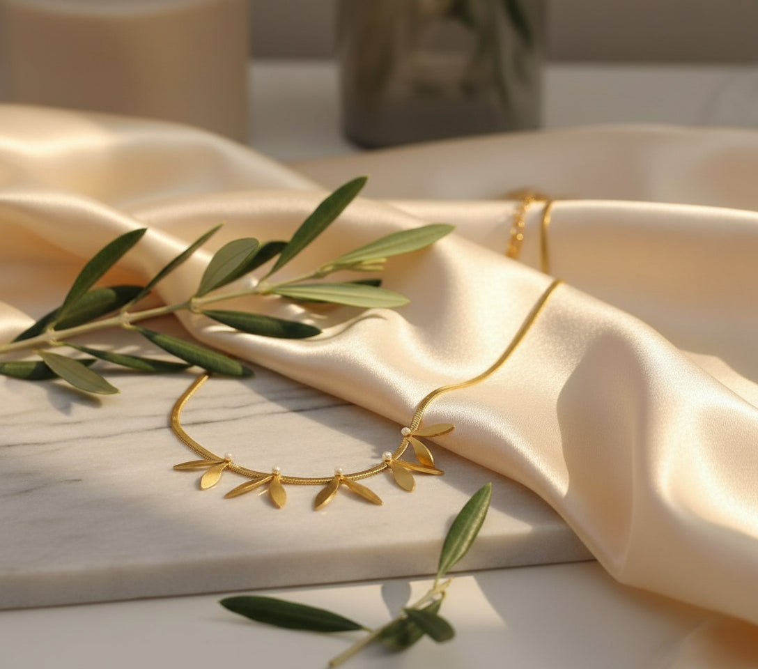 Collier feuillage Aurélia acier inoxydable doré et perle