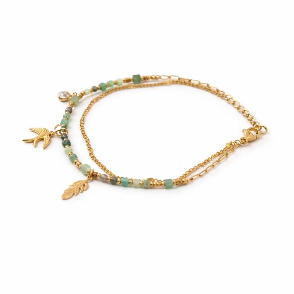 Bracelet Linda vert -doré en acier inoxydable et pierres naturelles