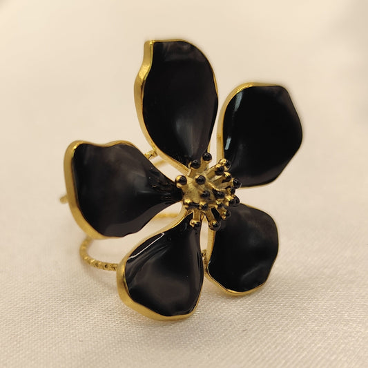 Bague Fleur Noir en acier inoxydable