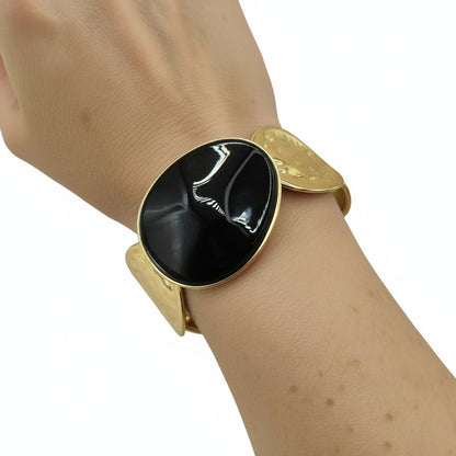 Bracelet manchette Suzy doré et pierre noire signé Milé Mila