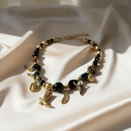 Collier Tracy signé MILE MILA noir et or en acier inoxydable