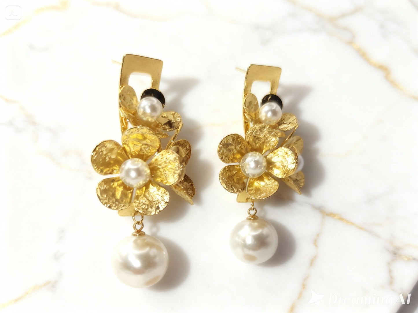 Boucles d'oreilles fleurs Artémis en acier inoxydable doré et perles