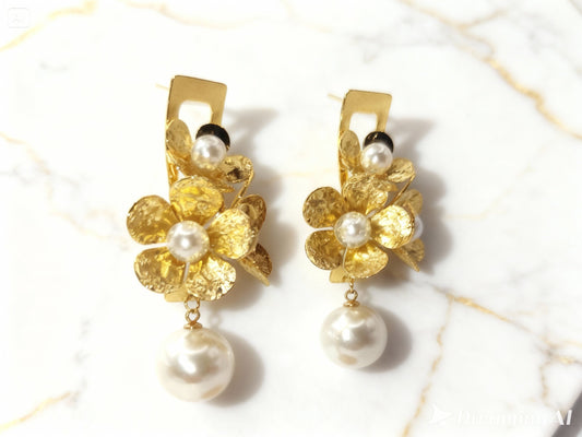 Boucles d'oreilles fleurs Artémis en acier inoxydable doré et perles