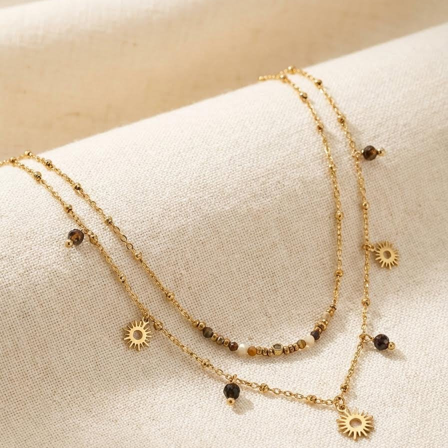 Collier Lya ambré en acier inoxydable et pierres naturelles double rang