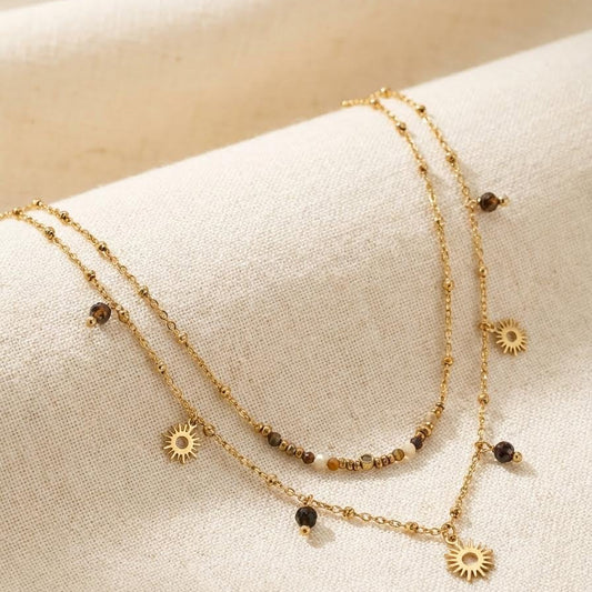 Collier Lya ambré en acier inoxydable et pierres naturelles double rang