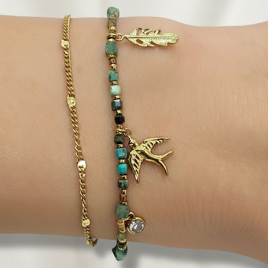 Bracelet Linda vert -doré en acier inoxydable et pierres naturelles