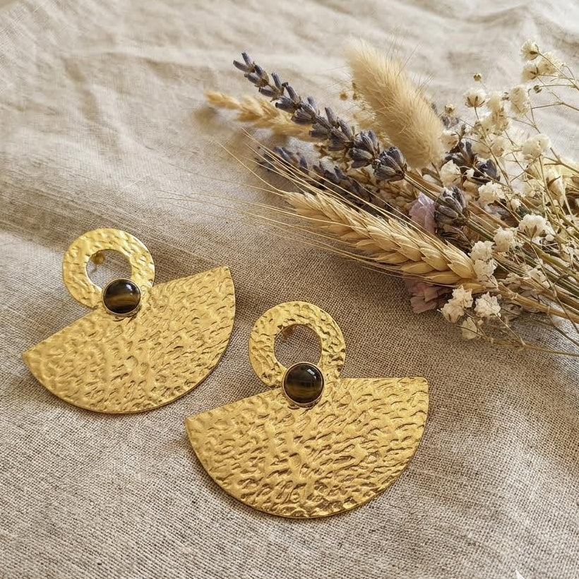 Boucles d'oreilles Luna en acier inoxydable et pierre naturelle œil du tigre
