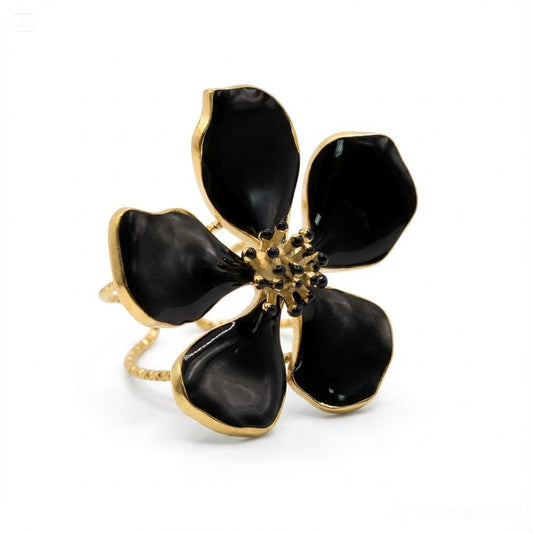 Bague Fleur Noir en acier inoxydable