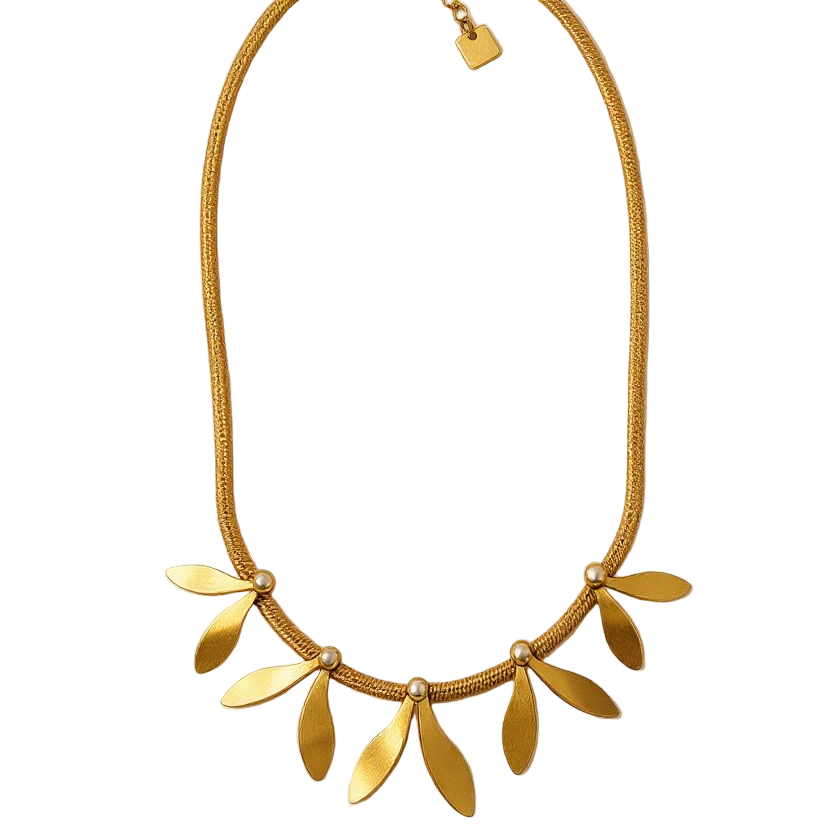 Collier  feuillage Aurélia acier inoxydable doré et perle