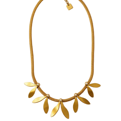 Collier  feuillage Aurélia acier inoxydable doré et perle