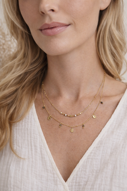 Collier Lya ambré en acier inoxydable et pierres naturelles double rang